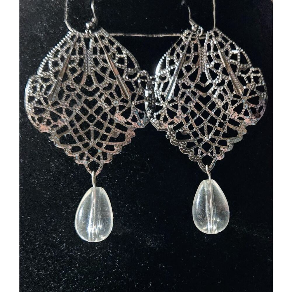 Filigree Dark Silver Tone Earrings Ornate large Statement Dangle Drop 3"